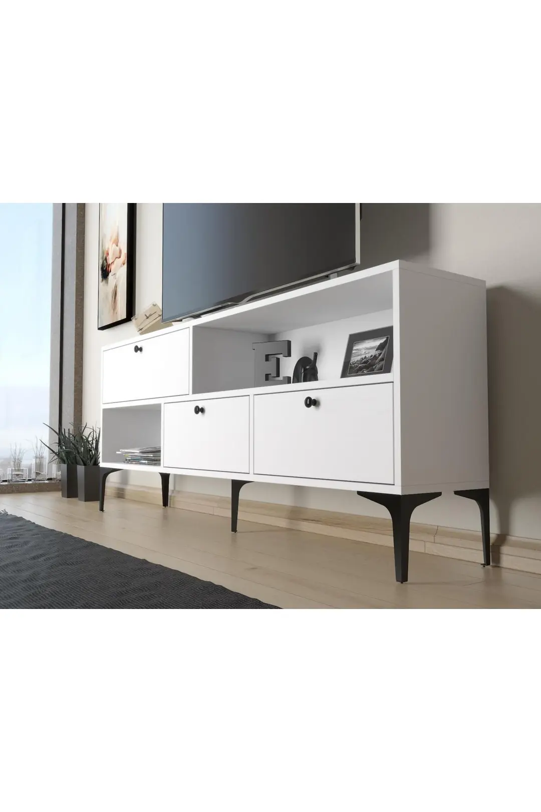 Katre 150 Cm Metal Ayaklı Tv Ünitesi - Beyaz / Siyah